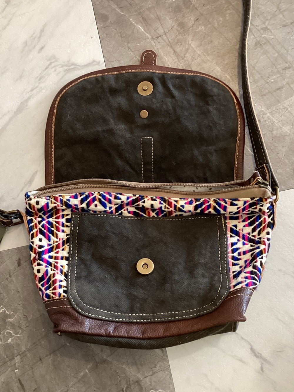 Myra Bag Brown Crossbody with Multicolor Geometric Flap - Picture 2 of 5